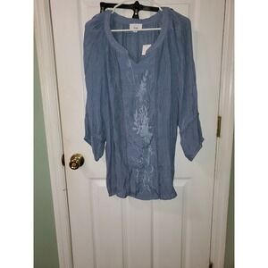 Fyve Women's Blue Embroidered Boho Blouse Size 3X Peasant Top Lightweight Tunic